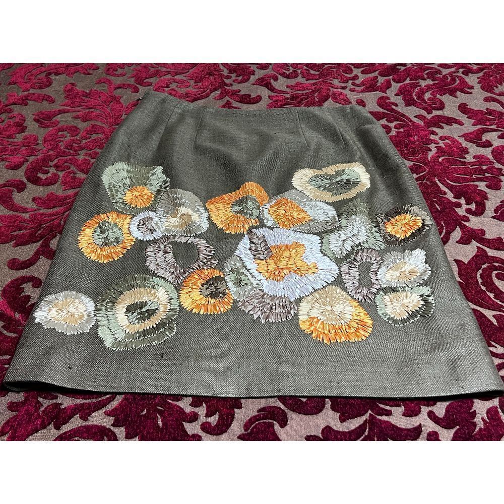 Per Se Olive Green Silk Floral Stitched Silk Skirt Size 4